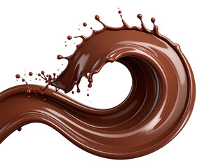 Chocolate liquid swirls in a dramatic, dynamic splash against black