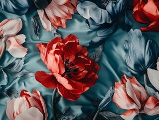 Vibrant Red and Teal Floral Silk Textile Background