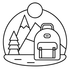 Minimalist backpacking adventure with mountain vista pine tree sun and stylized backpack for travel themes