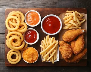 Crispy Fried Chicken, Onion Rings, Fries and Dips on Wooden Board