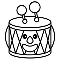 Smiling clown drum with drumsticks outline vector illustration a fun and playful musical toy design element