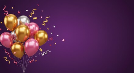 Bunch of balloons with confetti on purple background celebration or party theme.