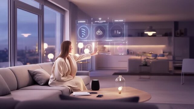 A woman controls her smart home using holographic interface in a modern living room. Futuristic home automation and intuitive digital interaction.