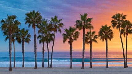 Obraz premium Surreal Sunset Beach Scene with Palm Silhouettes and Surfer at Dusk