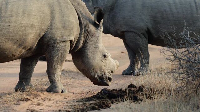  A white rhino bull is inspecting the midden