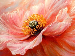 Vibrant Pink Poppy Flower Impasto Painting, Close Up AI Art