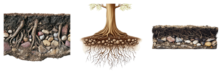 Detailed tree root system, subterranean environment showcasing soil composition, presented on transparent background
