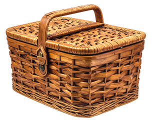 Rectangular woven picnic basket with a hinged lid