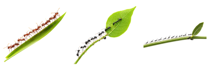Teamwork displayed with three insect colonies working on plants isolated on transparent background