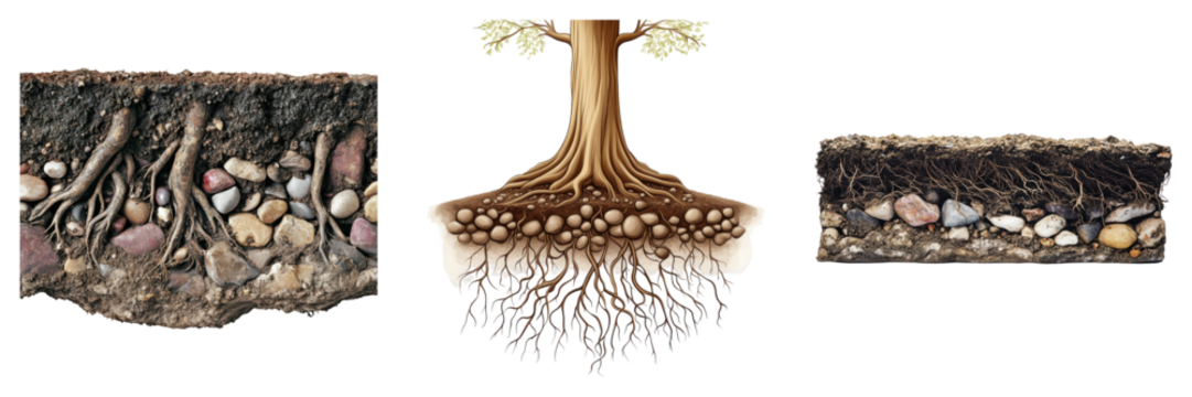 Detailed tree root system, subterranean environment showcasing soil composition, presented on transparent background