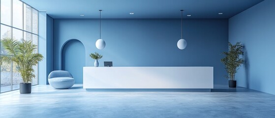 Serene Blue Reception Area Design: Modern Minimalist Office Interior