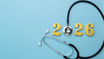 Stethoscope circling golden numbers 2026 on blue background, representing health planning, medical insurance coverage, wellness goals, preventive checkups, family care, and budgeting for the new year