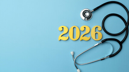 Stethoscope around golden numbers 2026 on a blue background, symbolizing health planning, medical insurance coverage, wellness goals, preventive checkups, budgeting, and family care for the new year