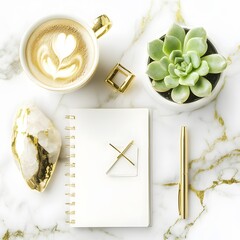 Elegant Gold Flatlay- Marble Desk, Coffee, Succulent, Notebook