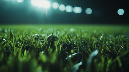 Night Game: A Close-Up View of a Lush Green Grass Field Under Stadium Lights