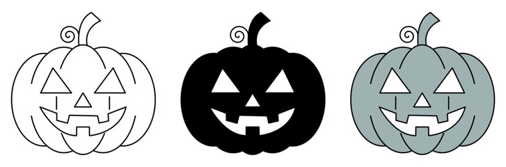 Three Halloween pumpkins, each with a unique design, embody the spooky spirit of the holiday