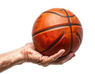 Worn basketball held in hands
