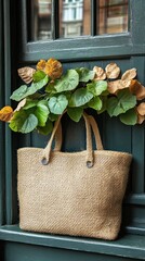 Rustic Jute Tote Bag with Autumnal Leaves