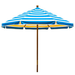 Obraz premium Blue striped beach umbrella with wooden pole, yellow underside, summer outdoor shade, cheerful and relaxing vibe