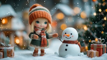 Cute little doll standing next to snowman during snowfall. Holiday scene with gifts. Happy Christmas.