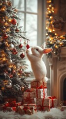 White rabbit standing on gift box decorating Christmas tree. Holiday pet with festive ornament. Winter celebration concept.
