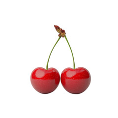 Two fresh red cherries with green stems and glossy surface on transparency background, vibrant and appetizing appearance