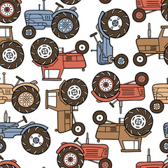 Seamless vector pattern with hand drawn vintage tractors. Perfect for textile, wallpaper or nursery print design. EPS10 vector file.