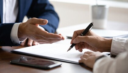 Close-up of a person signing a document with a pen, with another person gesturing.