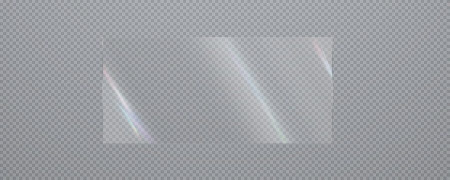 Glass effect, set of mirrors on transparent background, transparent glass showcase, mirror, window. Realistic glossy plate with glare, vector png.	
