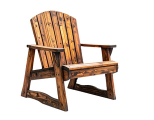 A wooden rocking chair, crafted from light brown, weathered lumber.  The chair's back is arched, and the seat is supported by sturdy, angled legs