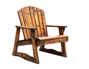 A wooden rocking chair, crafted from light brown, weathered lumber.  The chair's back is arched, and the seat is supported by sturdy, angled legs