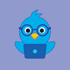 Blue bird with glasses using a laptop against a blue violet background