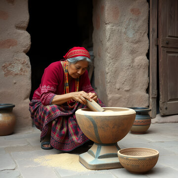 old woman of the aymara chola culture grinding in a mortar or also called batan in the courtyard of her house in la paz, bolivia - cooking concept