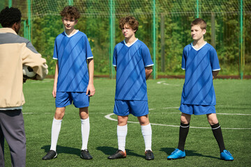 Obraz premium Three teenage boys standing on outdoor soccer field listening to Black man coach holding soccer ball, wearing matching uniforms, preparing for training session