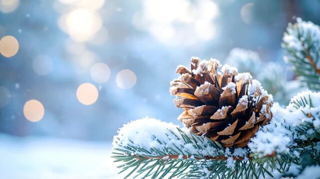 Snowy pinecone on winter branch