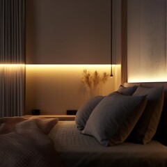 Serene bedroom interior with soft lighting, comfortable bedding, and minimalist decor creating a peaceful and inviting atmosphere for relaxation