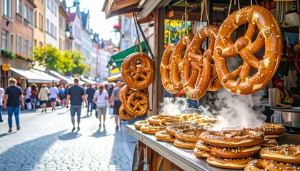 Pretzels for sale at an outdoor market in a European city.