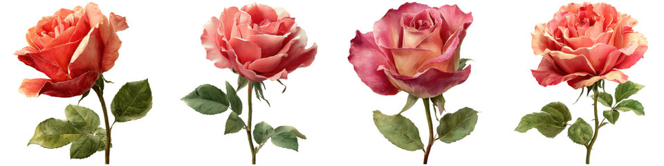 Obraz premium Four stunning isolated pink roses, a floral arrangement on a seamless transparent background