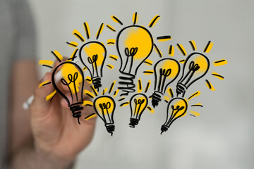 Hand drawn light bulbs, bright ideas, innovation, creativity, brainstorming, solutions, teamwork,...