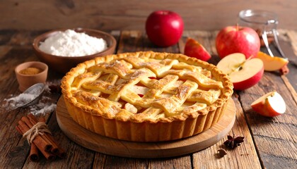 A rustic apple pie on a wooden board, surrounded by apples, cinnamon, and flour