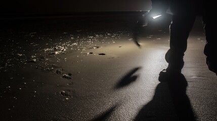 Night beach scene with silhouette searching shore under flashlight for treasures or lost items