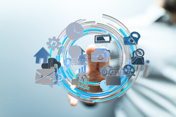 Person interacting with digital icons, network, technology, connection, communication, internet