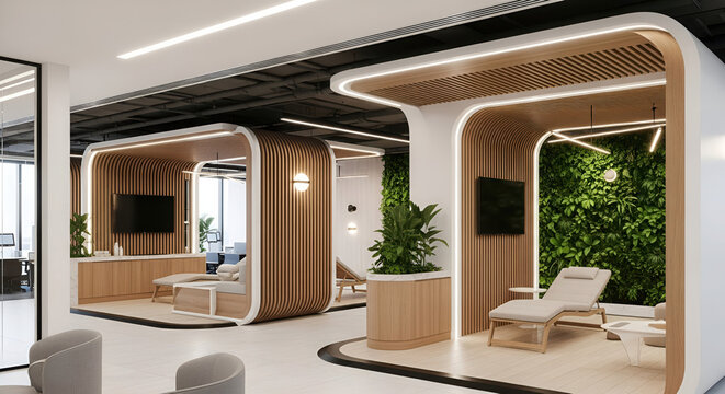 Harmonious modern office interior showcasing innovative private work pods with biophilic design elements, fostering a serene and productive environment for focused work and relaxation