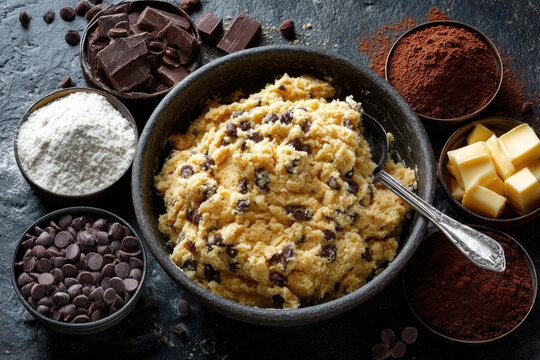 Homemade chocolate chip cookie dough preparation in a kitchen