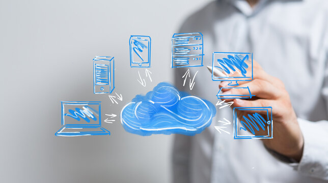 High-quality image depicting cloud computing, data transfer, network connection, and digital devices. - Powered by Adobe
