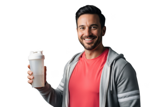 Smiling man holding protein shaker bottle for post workout nutrition and fitness goals isolated on transparent background - Powered by Adobe