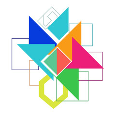 Colorful abstract geometric vector design with overlapping triangles, squares, and hexagon. Modern minimal EPS illustration, perfect for backgrounds, posters, and creative artwork.