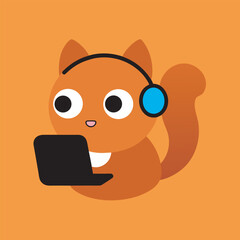 Squirrel with headphones using a laptop on an orange background
