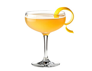 A cocktail in a coupe glass, pale yellow-orange color, garnished with a lemon twist
