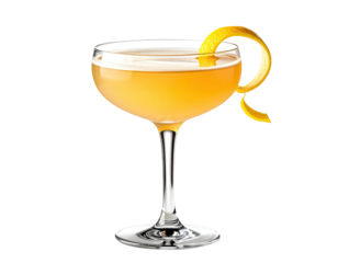 A cocktail in a coupe glass, pale yellow-orange color, garnished with a lemon twist